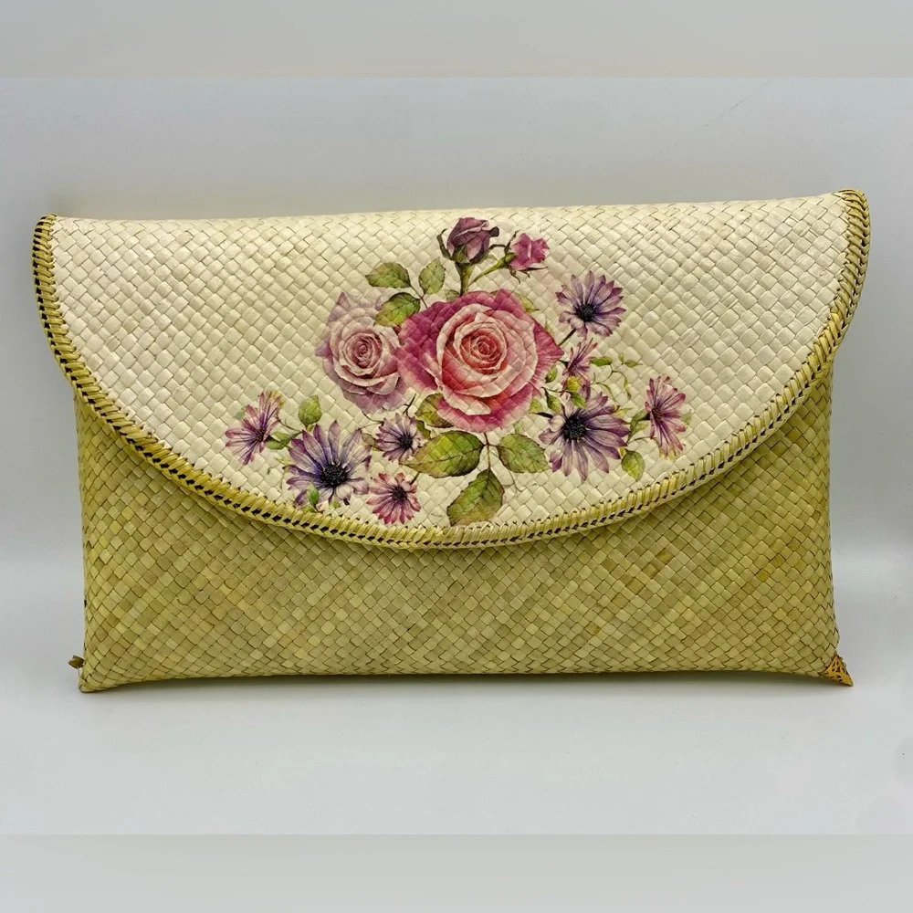 Bamboo Straw Clutch Wicker Purse Rattan Bag - Handwoven Envelope Retro Floral